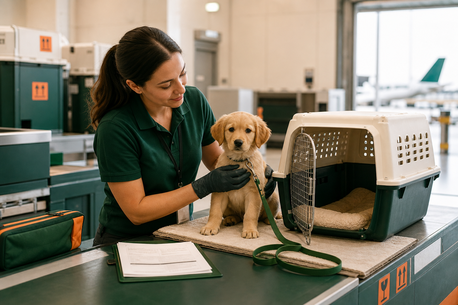Pet owner checking in a dog for an airline-approved relocation
